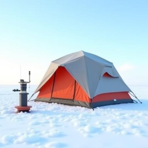 얼음 위에 세워진 낚시용 텐트와 아이스 오거