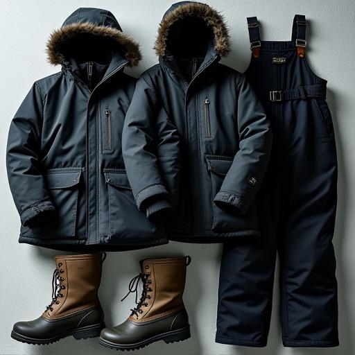 추운 날씨에 입는 두꺼운 방한복과 방한 부츠