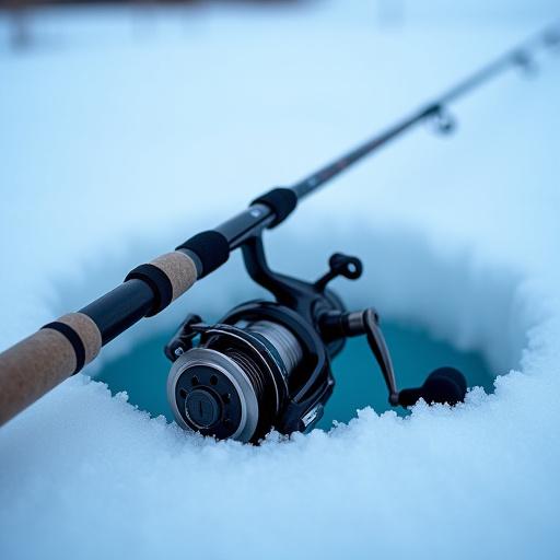 얼음 구멍 옆에 놓인 얼음낚시 낚싯대와 릴
