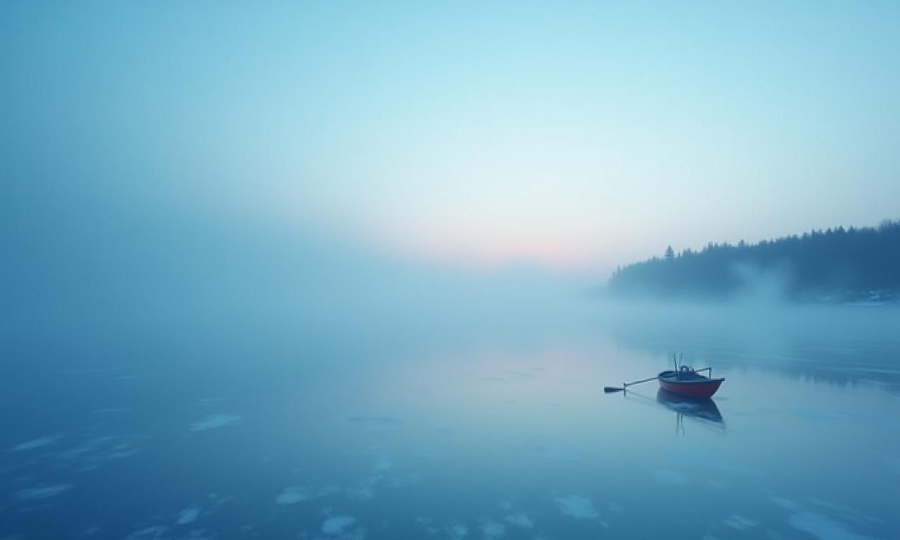 안개 낀 새벽 얼음 낚시터 풍경